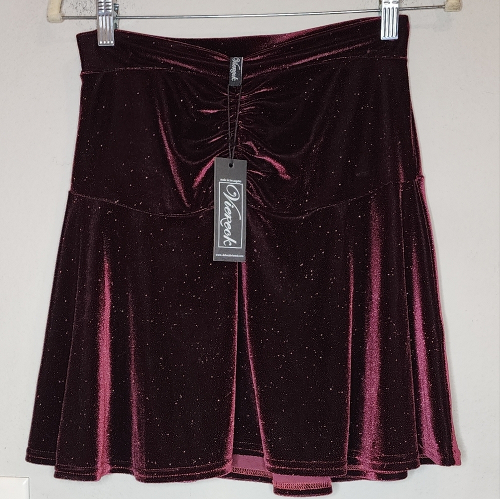 NWT Deborah Viereck Stretch Velvet Sparkle Scrunched Burgundy Mini Skirt Small